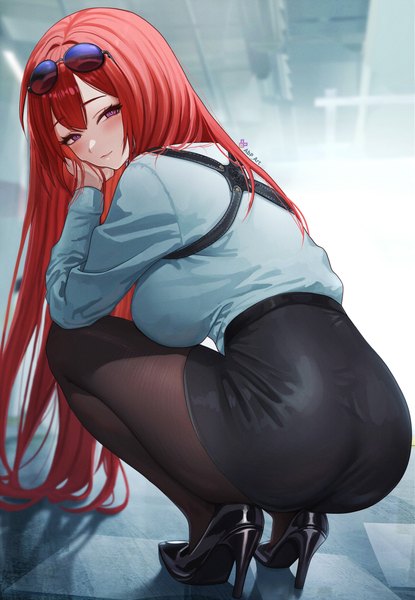 Anime picture 2500x3612 with azur lane monarch (azur lane) monarch (detective arriving on the scene) (azur lane) abpart single tall image looking at viewer blush fringe highres breasts light erotic hair between eyes large breasts purple eyes signed full body ass red hair very long hair