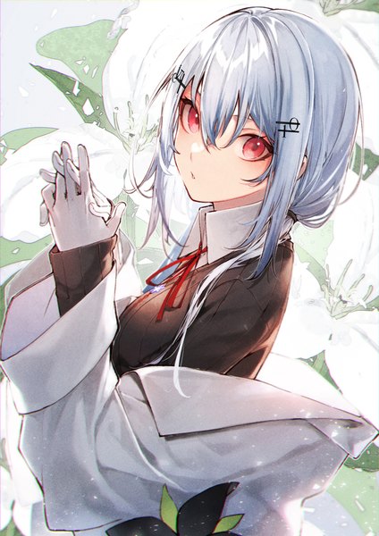 Anime picture 2000x2833 with virtual youtuber nijisanji hakase fuyuki kuwashima rein single long hair tall image looking at viewer fringe highres hair between eyes red eyes silver hair upper body turning head hands clasped interlocked fingers floral background girl gloves