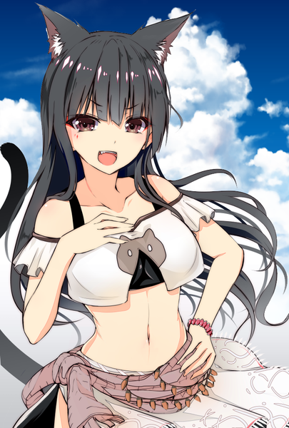 Anime picture 676x1000 with original suitenjh single long hair tall image looking at viewer fringe open mouth black hair smile hair between eyes bare shoulders brown eyes animal ears sky cloud (clouds) upper body tail animal tail cat ears