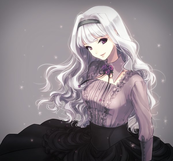 Anime picture 1000x930 with idolmaster shijou takane shino (syllable) single long hair looking at viewer smile purple eyes white hair grey background girl dress hairband