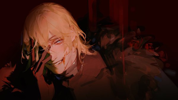 Anime picture 2048x1152 with fire emblem fire emblem: three houses nintendo dimitri alexandre blaiddyd zn (artist) single looking at viewer fringe highres short hair blue eyes blonde hair hair between eyes wide image upper body hand on face blood on face evil grin boy gloves