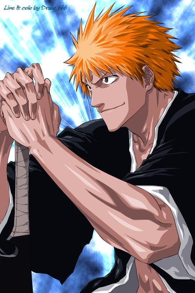 Anime picture 1129x1691 with bleach studio pierrot kurosaki ichigo drake666 single tall image short hair smile brown eyes japanese clothes orange hair coloring muscle boy weapon sword kimono