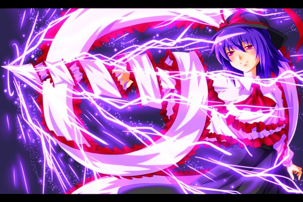 Anime picture 1500x1000 with touhou nagae iku single short hair smile red eyes purple hair lightning girl hat