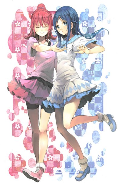 Anime picture 585x900 with precure dokidoki! precure toei animation aida mana hishikawa rikka toromi chuka long hair tall image looking at viewer blush fringe short hair blue eyes smile multiple girls blue hair bent knee (knees) ponytail red hair eyes closed