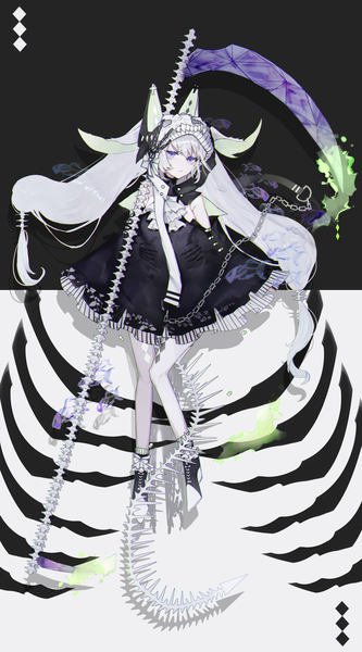 Anime-Bild 1500x2700 mit original itsuki makoto single long hair tall image looking at viewer purple eyes twintails silver hair tail low twintails anaglyph skeleton :< girl dress weapon chain skull flame