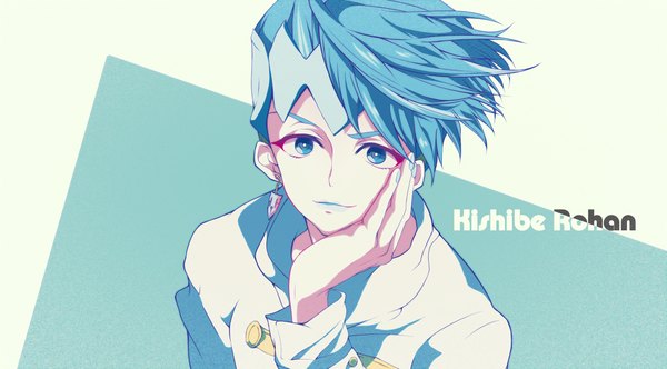Anime picture 1000x554 with jojo no kimyou na bouken kishibe rohan myua single looking at viewer short hair blue eyes simple background smile wide image blue hair nail polish arm support character names lipstick eyebrows blue nail polish smirk blue lipstick boy