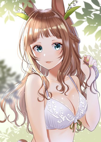 Anime picture 1000x1412 with original myusha single long hair tall image looking at viewer blush fringe breasts open mouth blue eyes light erotic brown hair bare shoulders animal ears cleavage upper body tail braid (braids) nail polish