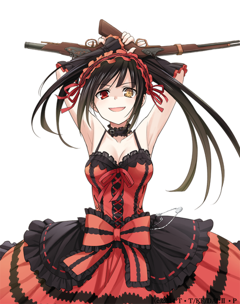 Anime picture 631x800 with date a live tokisaki kurumi konoe (vis9191) single long hair tall image looking at viewer fringe breasts open mouth smile red eyes standing twintails holding yellow eyes payot cleavage :d arms up