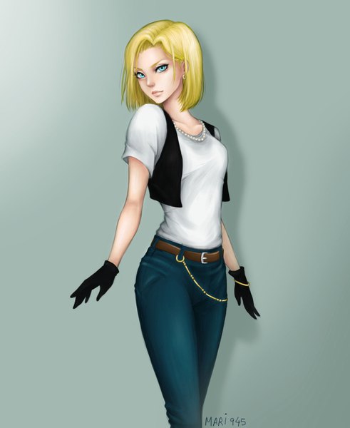 Anime picture 1426x1742 with dragon ball dragon ball z android 18 mari945 single tall image looking at viewer short hair blue eyes simple background blonde hair standing signed light smile realistic grey background shadow girl gloves earrings