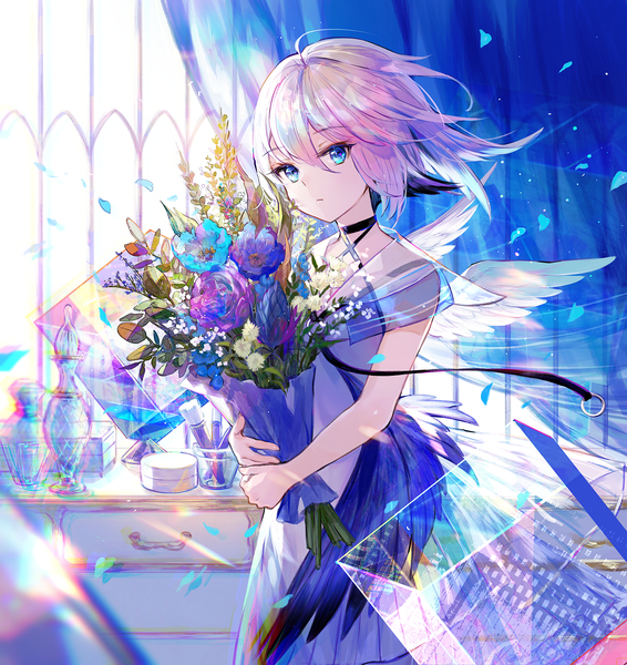 Anime picture 1415x1500 with original fuzichoco single tall image looking at viewer fringe short hair blue eyes hair between eyes standing holding silver hair ahoge sunlight expressionless anaglyph white wings girl dress flower (flowers)