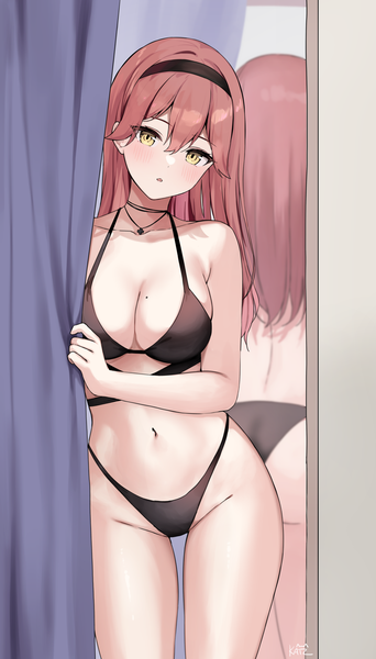 Anime picture 2677x4701 with original liliya (kaetzchen) kaetzchen single long hair tall image looking at viewer blush fringe highres breasts open mouth light erotic hair between eyes large breasts standing yellow eyes red hair head tilt mole