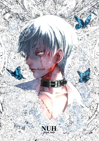 Anime picture 595x842 with original morino bambi single tall image looking at viewer fringe short hair hair between eyes silver hair profile portrait silver eyes injury deep wound boy insect butterfly blood collar