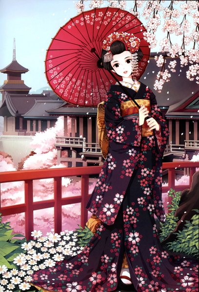 Anime picture 2062x3030 with original nardack single tall image highres black hair brown eyes japanese clothes hair flower cherry blossoms girl hair ornament flower (flowers) bow plant (plants) petals tree (trees) kimono umbrella kanzashi