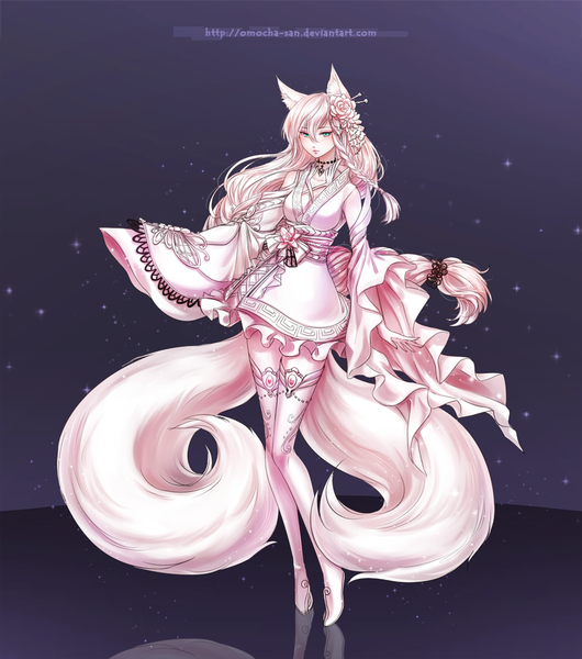 Anime picture 900x1017 with original yuuie (original) zenithomocha single long hair tall image green eyes animal ears pink hair tail animal tail hair flower grey background reflection multiple tails girl thighhighs hair ornament flower (flowers) detached sleeves