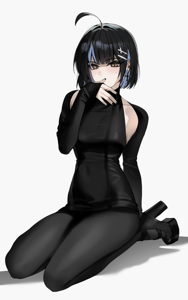 Anime picture 3143x5000 with original irene (kanniiepan) kanniiepan single tall image looking at viewer fringe highres short hair black hair simple background white background sitting brown eyes absurdres full body ahoge long sleeves nail polish multicolored hair