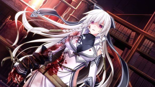 Anime picture 1280x720 with kami no rhapsody eushully mistoria (kami no rhapsody) single long hair open mouth red eyes wide image game cg white hair braid (braids) girl dress bow hair bow blood