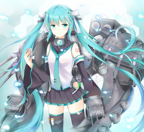 Anime picture 1200x1105 with kantai collection vocaloid hatsune miku konka single twintails very long hair aqua eyes aqua hair girl skirt ribbon (ribbons) weapon hair ribbon detached sleeves miniskirt necktie microphone
