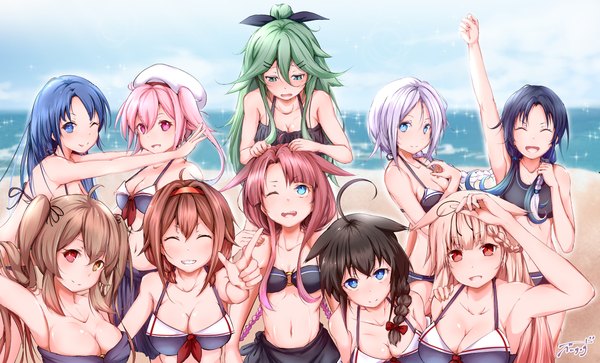 Anime picture 2363x1432 with kantai collection shigure destroyer yuudachi destroyer murasame destroyer yamakaze (kantai collection) harusame destroyer samidare destroyer umikaze (kantai collection) shiratsuyu destroyer kawakaze (kantai collection) suzukaze destroyer baileys (tranquillity650) long hair looking at viewer blush fringe highres short hair breasts open mouth