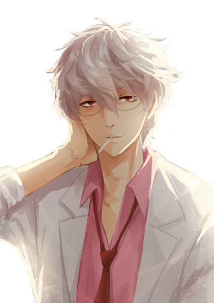 Anime-Bild 800x1131 mit gintama sunrise (studio) sakata gintoki weirdo single tall image looking at viewer short hair simple background red eyes white background white hair hand on head partially open clothes boy shirt glasses necktie food sweets