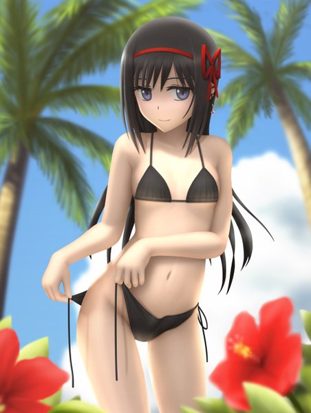 Anime picture 980x1300 with mahou shoujo madoka magica shaft (studio) akemi homura siraha single long hair tall image looking at viewer blush breasts light erotic black hair smile purple eyes bare shoulders bare belly flat chest undressing untying girl