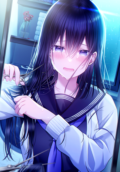 Anime picture 3086x4437 with original kuro namako single long hair tall image looking at viewer blush fringe highres open mouth black hair hair between eyes purple eyes absurdres upper body long sleeves tears reflection crying anaglyph