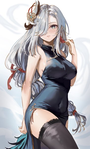 Anime picture 1364x2247 with genshin impact shenhe (genshin impact) atiarta7 single long hair tall image fringe light erotic looking away silver hair traditional clothes hair over one eye sleeveless covered navel chinese clothes side slit silver eyes girl thighhighs dress