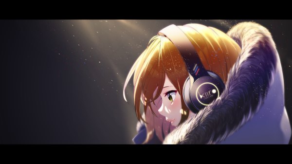 Anime picture 4800x2700 with original hatski.sin single blush fringe highres short hair simple background blonde hair wide image green eyes absurdres profile sunlight fur trim looking down dark background letterboxed shiny girl