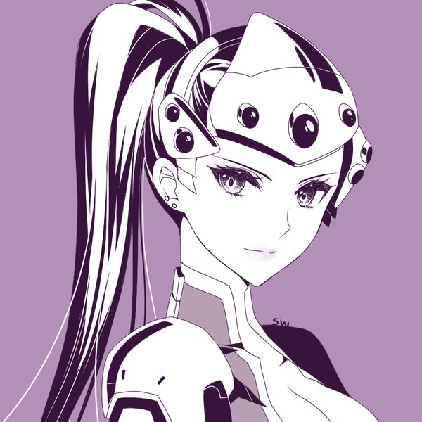 Anime picture 900x900 with overwatch blizzard entertainment widowmaker (overwatch) atobesakunolove single long hair looking at viewer breasts simple background smile signed cleavage upper body ponytail lips watermark monochrome portrait makeup purple background