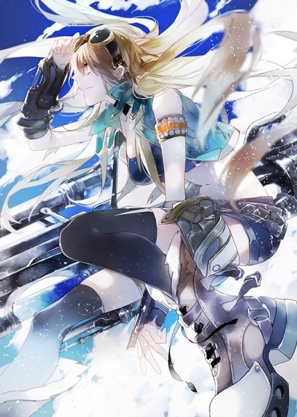 Anime-Bild 600x841 mit quan zhi gao shou su mucheng ayu (auko2010) single long hair tall image fringe blonde hair hair between eyes yellow eyes looking away sky cloud (clouds) open jacket bare belly depth of field hand on head hair over shoulder goggles on head girl