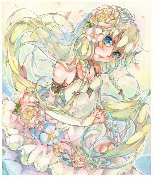 Anime picture 1500x1728 with vocaloid ia (vocaloid) nou single long hair tall image looking at viewer blue eyes blonde hair bare shoulders signed braid (braids) hair flower border girl dress hair ornament flower (flowers) detached sleeves petals
