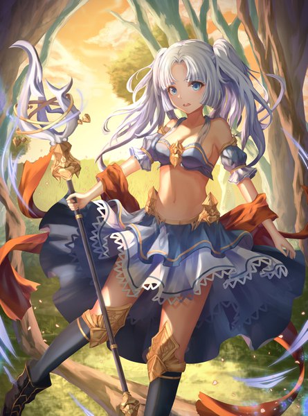 Anime picture 3117x4200 with original gya (144) single long hair tall image highres blue eyes twintails looking away absurdres cleavage silver hair sideboob girl skirt navel detached sleeves armor crop top staff