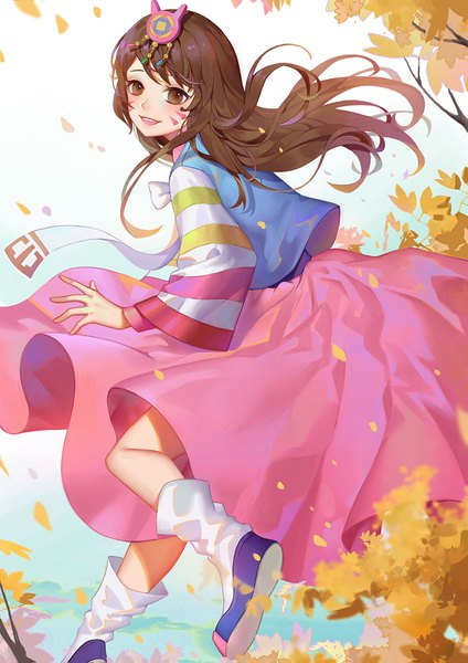 Anime picture 1181x1671 with overwatch blizzard entertainment d.va (overwatch) palanquin d.va duximeng single long hair tall image looking at viewer blush brown hair brown eyes bent knee (knees) facial mark whisker markings autumn girl leaf (leaves) autumn leaves