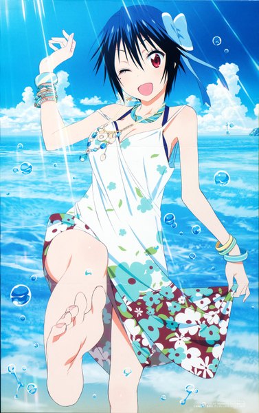Anime picture 2086x3319 with nisekoi shaft (studio) tsugumi seishirou single tall image looking at viewer highres short hair open mouth red eyes blue hair sky cloud (clouds) bent knee (knees) one eye closed barefoot wink sunlight spread arms sunbeam
