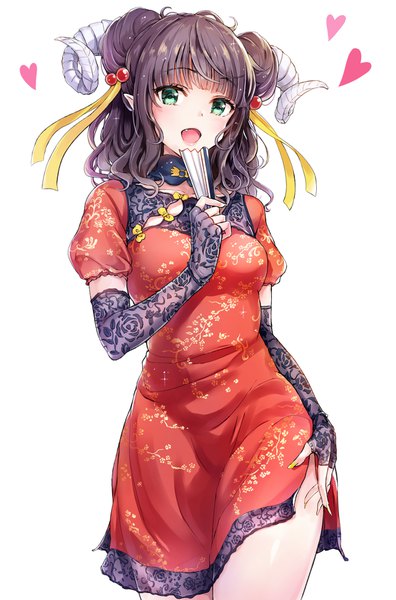 Anime picture 1270x1920 with original tokeshi single long hair tall image looking at viewer fringe breasts open mouth light erotic black hair simple background smile standing white background holding green eyes nail polish traditional clothes :d