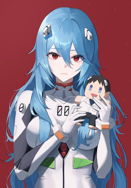 Anime picture 1700x2435 with neon genesis evangelion rebuild of evangelion evangelion: 3.0+1.0 thrice upon a time gainax ayanami rei ikari shinji junkt729 single long hair tall image looking at viewer fringe breasts simple background hair between eyes red eyes large breasts standing holding blue hair