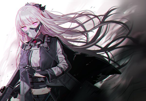 Anime picture 942x652 with girls frontline ak-12 (girls frontline) silence girl single long hair looking at viewer fringe hair between eyes standing holding payot silver hair pink eyes wind torn clothes anaglyph wind lift damage girl gloves