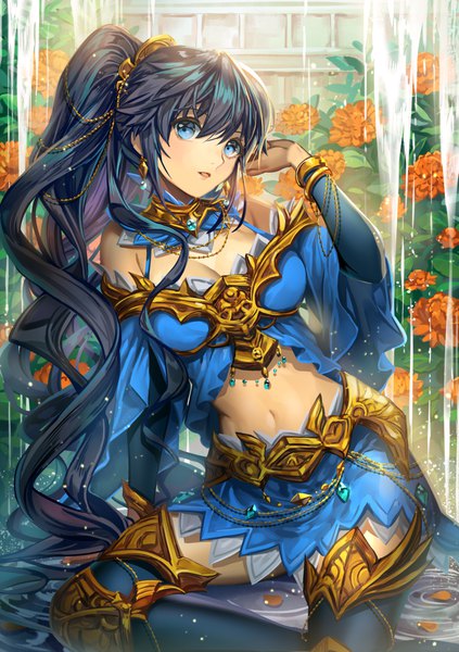 Anime picture 800x1135 with original ells (ellsat) single tall image looking at viewer blush fringe breasts open mouth blue eyes black hair hair between eyes sitting payot cleavage ponytail very long hair arm up arm support girl