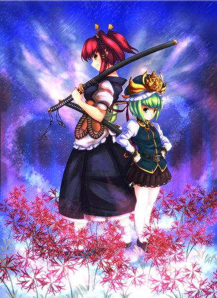 Anime picture 1000x1371 with touhou onozuka komachi shikieiki yamaxanadu opilio tall image short hair blue eyes red eyes multiple girls red hair green hair girl dress flower (flowers) weapon 2 girls hat sword katana