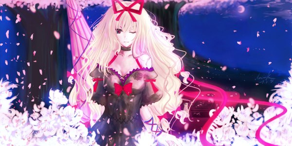 Anime picture 1200x601 with touhou yakumo yukari illusionk single long hair blonde hair wide image bare shoulders cleavage one eye closed wink cherry blossoms girl dress gloves hair ornament flower (flowers) ribbon (ribbons) hair ribbon petals
