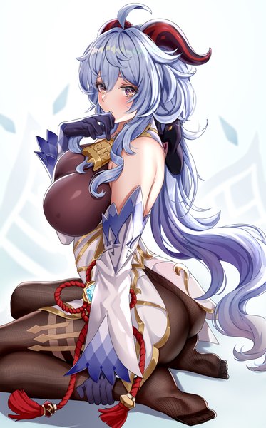 Anime picture 2800x4500 with genshin impact ganyu (genshin impact) piukute062 single long hair tall image looking at viewer blush fringe highres breasts light erotic simple background hair between eyes large breasts sitting purple eyes bare shoulders payot blue hair