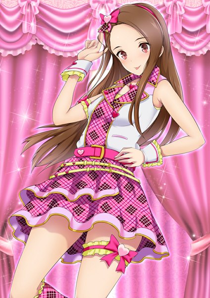 Anime picture 707x1000 with idolmaster minase iori maruwa tarou single long hair tall image looking at viewer blush smile red eyes brown hair check my note girl dress bow hair bow frills tongue