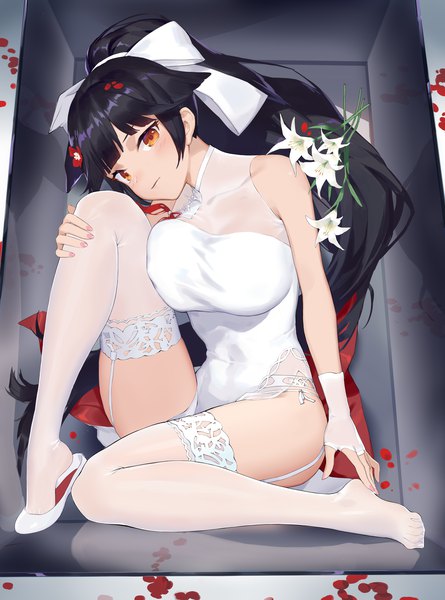 Anime picture 3402x4583 with azur lane takao (azur lane) takao (spring learning) (azur lane) sparrow (xici9527) single long hair tall image looking at viewer blush fringe highres breasts light erotic black hair large breasts bare shoulders absurdres full body bent knee (knees) ponytail