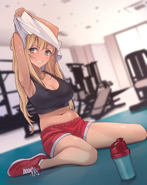 Anime picture 2825x3541 with dumbbell nan kilo moteru? doga kobo sakura hibiki koh (minagi kou) single long hair tall image blush fringe highres light erotic blonde hair smile hair between eyes sitting green eyes looking away cleavage full body indoors