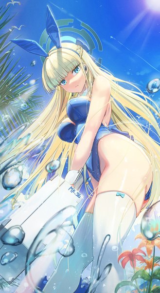 Anime picture 1375x2508 with blue archive toki (blue archive) toki (bunny) (blue archive) soramiruku single long hair tall image looking at viewer blush fringe breasts blue eyes light erotic blonde hair large breasts animal ears sky cloud (clouds) outdoors blunt bangs