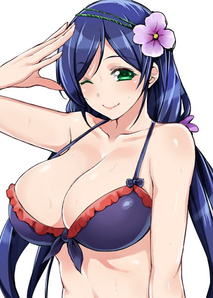 Anime picture 715x1000 with love live! school idol project sunrise (studio) love live! toujou nozomi mushi024 single long hair tall image looking at viewer blush breasts light erotic simple background smile large breasts white background twintails bare shoulders green eyes blue hair