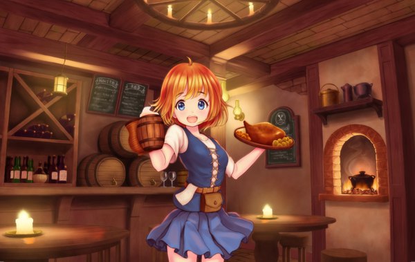 Anime picture 1225x775 with original alba (little witches) single looking at viewer blush short hair open mouth blue eyes smile holding ahoge indoors pleated skirt orange hair lacing girl dress skirt food chair