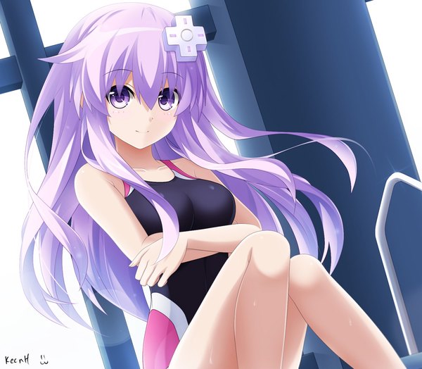 Anime picture 1000x874 with choujigen game neptune nepgear keenh single long hair looking at viewer blush fringe breasts light erotic smile hair between eyes sitting purple eyes bare shoulders signed payot purple hair ahoge bent knee (knees)