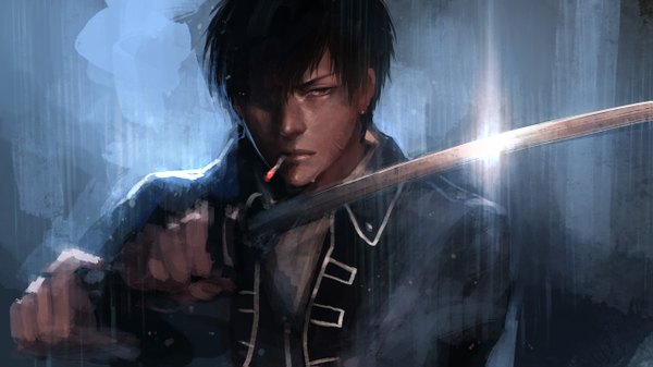 Anime picture 1279x719 with gintama sunrise (studio) hijikata toshiro tkr (lovedelic99) single short hair black hair red eyes wide image realistic mouth hold rain smoking boy weapon sword katana water drop neckerchief cigarette