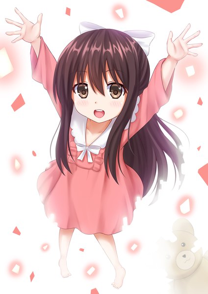 Anime picture 1200x1697 with shelter (music video) rin (shelter) kazenokaze single long hair tall image looking at viewer blush fringe open mouth smile hair between eyes brown hair brown eyes full body barefoot from above arms up looking up spread arms
