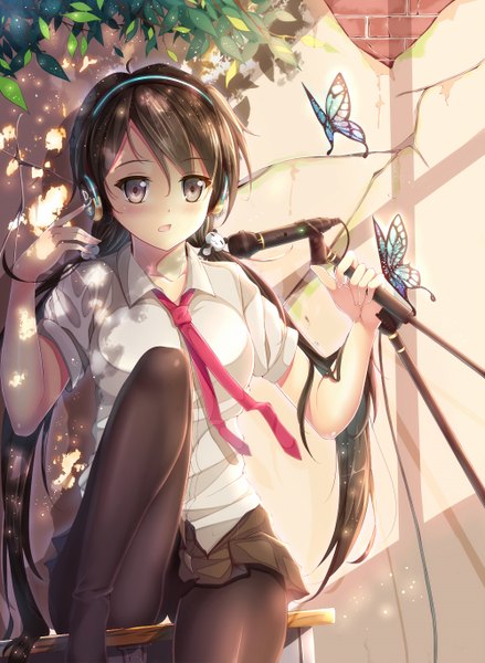 Anime picture 1000x1365 with original soulkiller (brz) single long hair tall image blush open mouth black hair twintails brown eyes girl skirt plant (plants) shirt pantyhose necktie headphones insect butterfly microphone stand